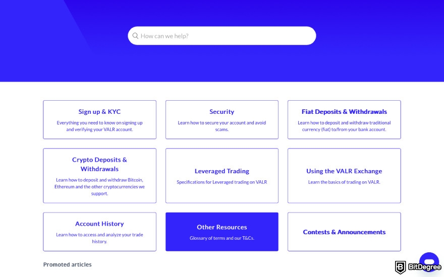 VALR review: a screenshot of VALR's knowledge base.