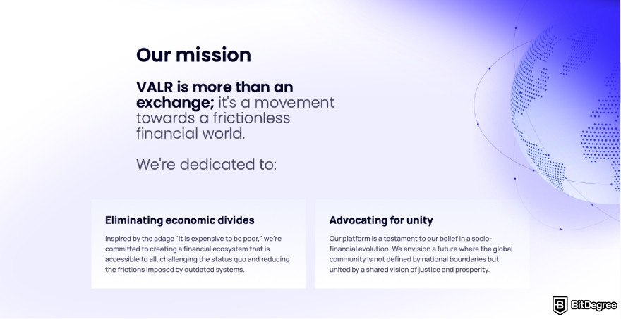 VALR review: a screenshot of VALR's mission statement.