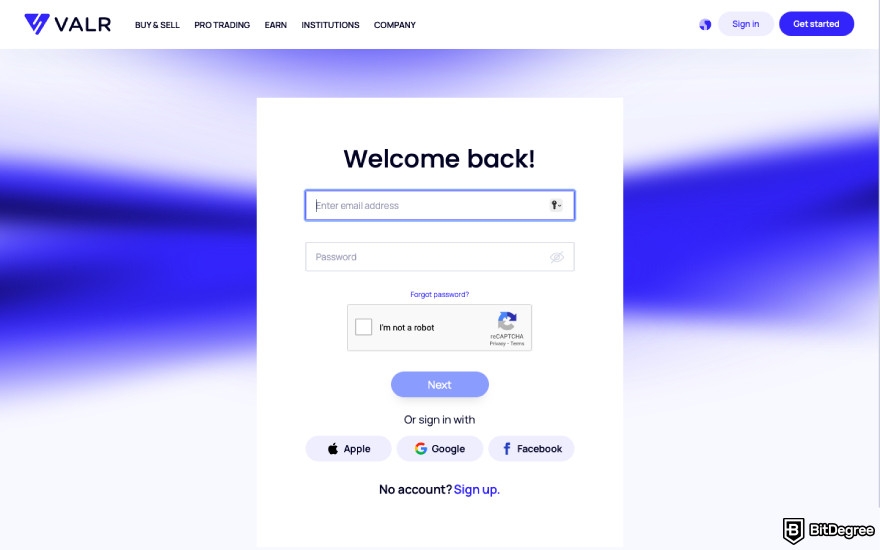 VALR review: login and click Next.