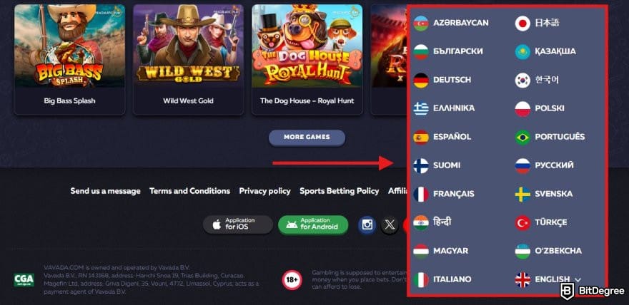 Vavada review: VAVADA's language setting. Vavada review: VAVADA's language setting.