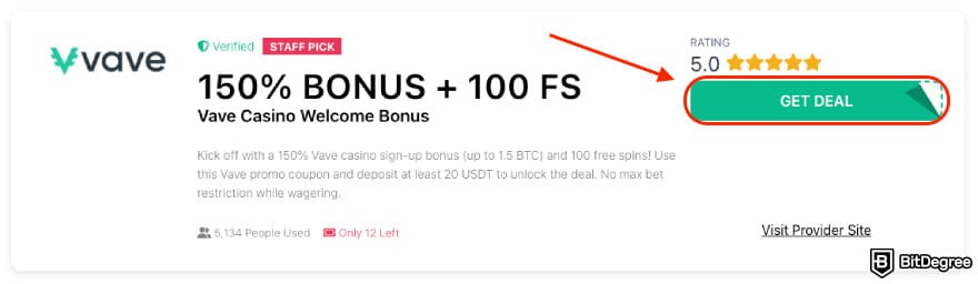Vave casino promo code: the [Get Deal] button on a BitDegree coupon.