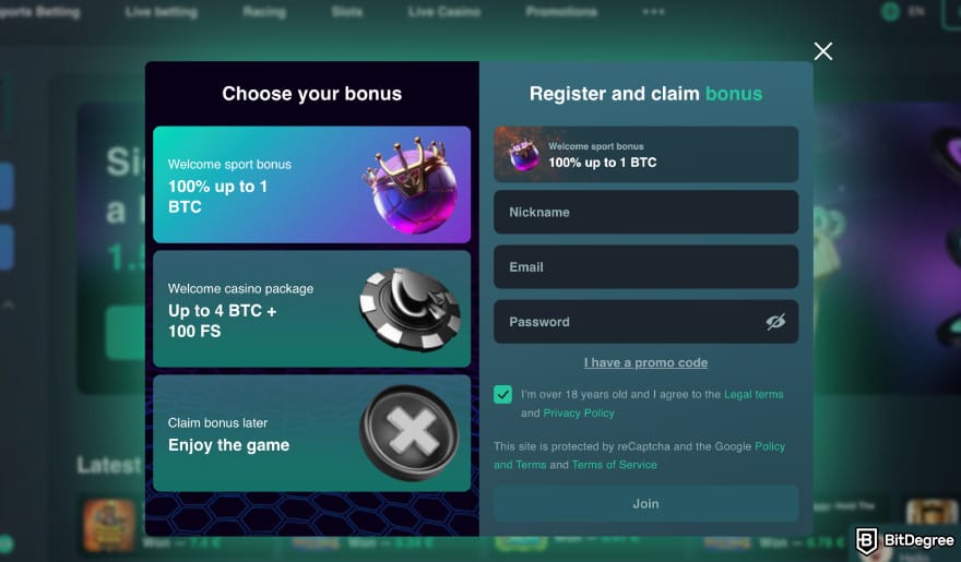 Vave casino promo code: the sign-up page.