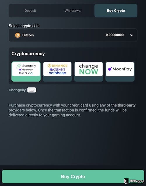 Vave casino review: the [Buy Crypto] tab on Vave, showing third-party payment providers.