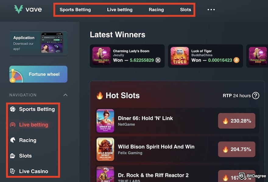 Vave casino review: game menus on Vave's top navigation bar and sidebar outlined. Vave casino review: game menus on Vave's top navigation bar and sidebar outlined.