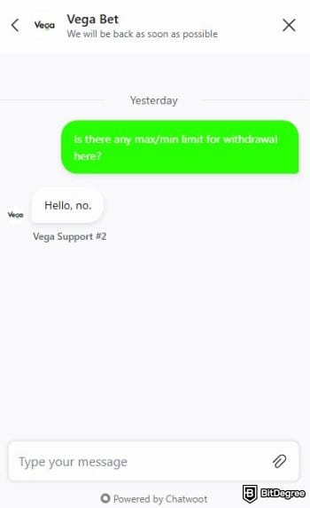 Vega Bet review: the live chat window on Vega Bet. Vega Bet review: the live chat window on Vega Bet.