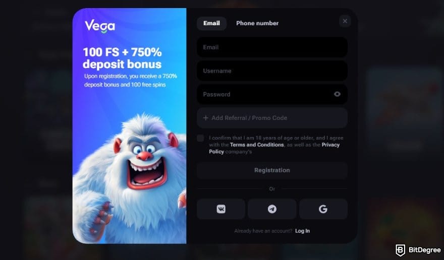Vega Bet review: the sign-up window on Vega Bet. Vega Bet review: the sign-up window on Vega Bet.