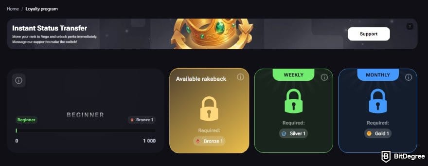 Vega Bet review: Loyalty program page on Vega Bet. Vega Bet review: Loyalty program page on Vega Bet.