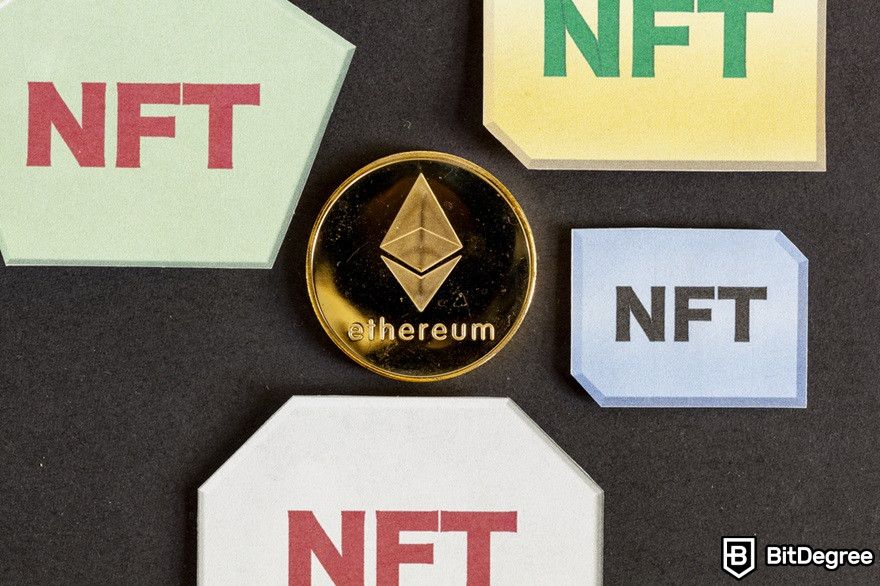 Virtual currency: An Ethereum coin surrounded by NFT cards.