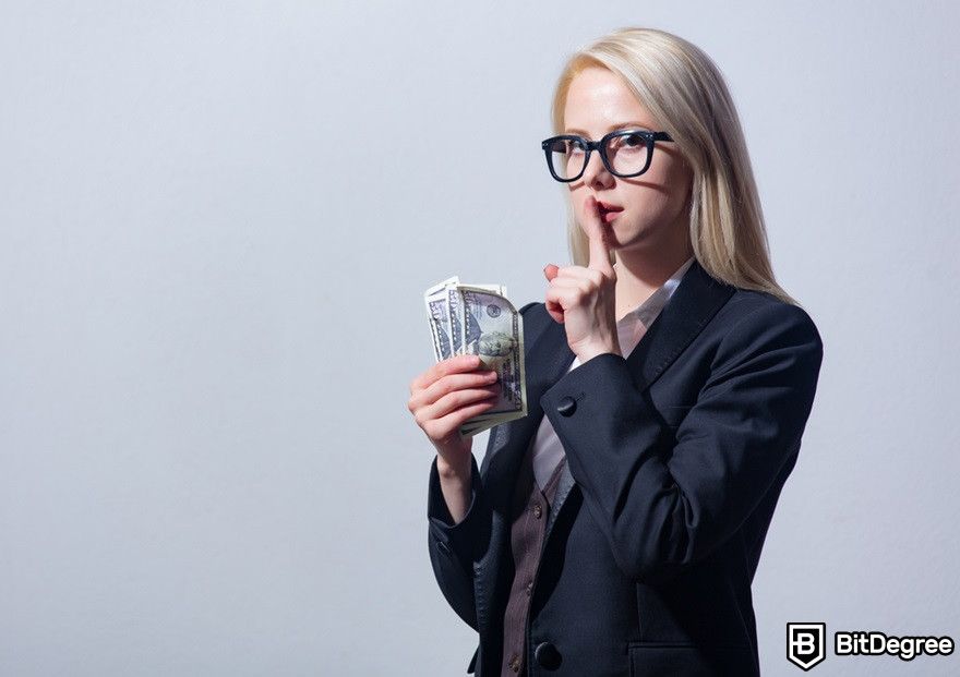 Virtual currency: A woman holding money with the right hand and the left hand's index finger on her lips.