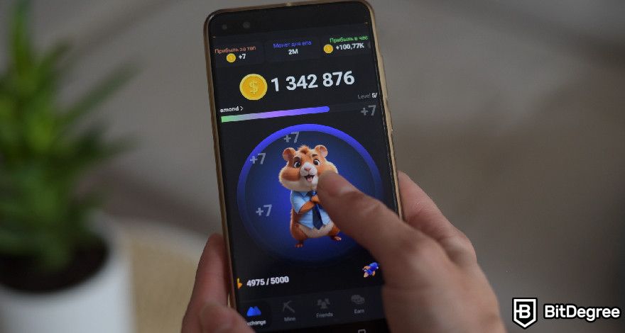 W-Coin Crypto: a person playing Hamster Kombat on the phone.