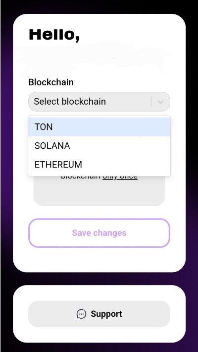 W-Coin Crypto: a screenshot of available blockchain options on W-Coin.