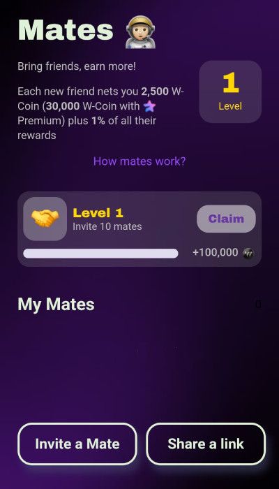 W-Coin Crypto: a screenshot of the Mates tab on W-Coin.