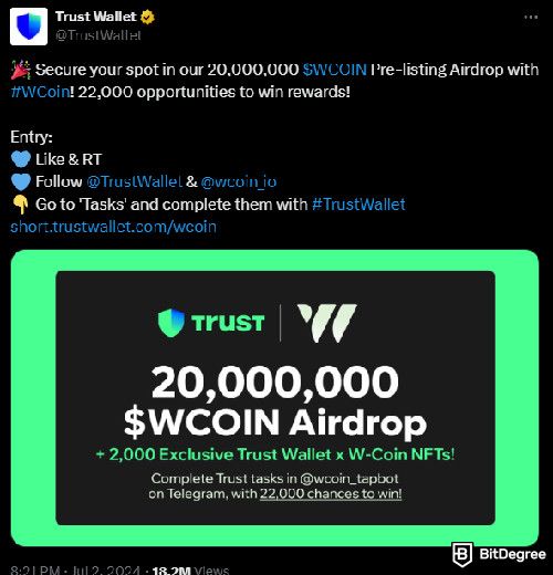 Đồng W-Coin Crypto: a screenshot of Trust Wallet post on their collaboration with W-Coin.