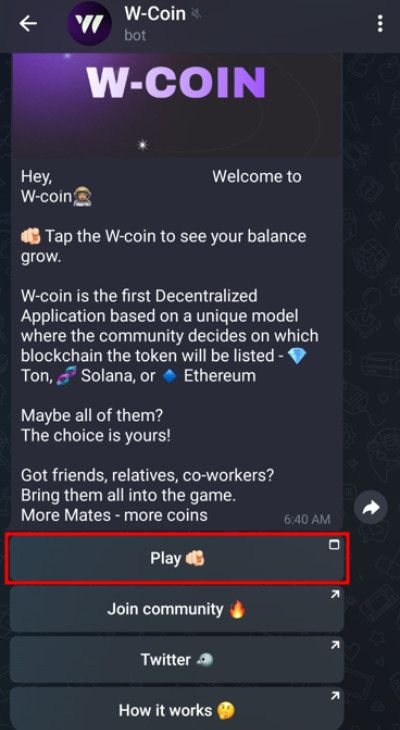 Đồng W-Coin Crypto: ảnh chụp màn hình bot Telegram của W-Coin.