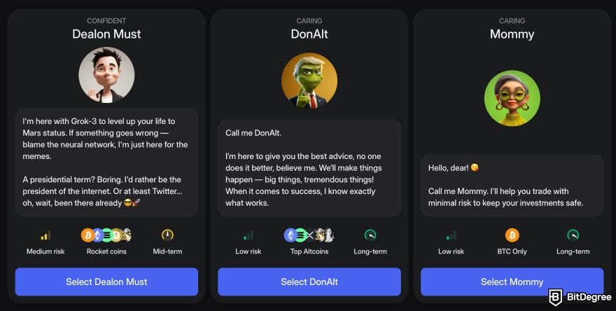 Walbi review: AI Agents (Dealon Must, DonAlt, and Mommy) and their descriptions.
