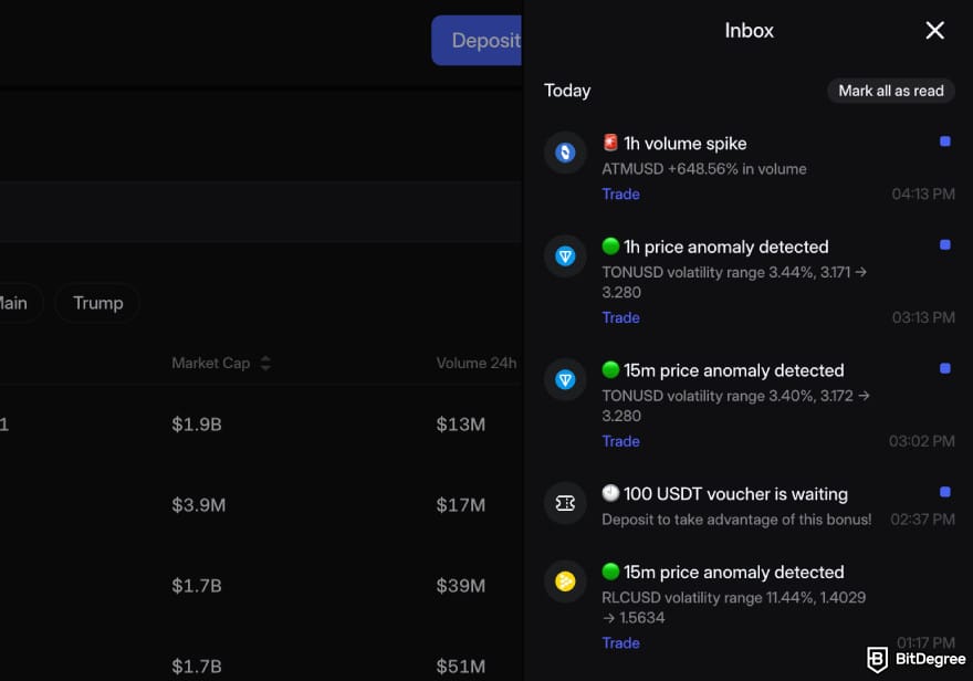 Walbi review: trading signals in the user inbox.