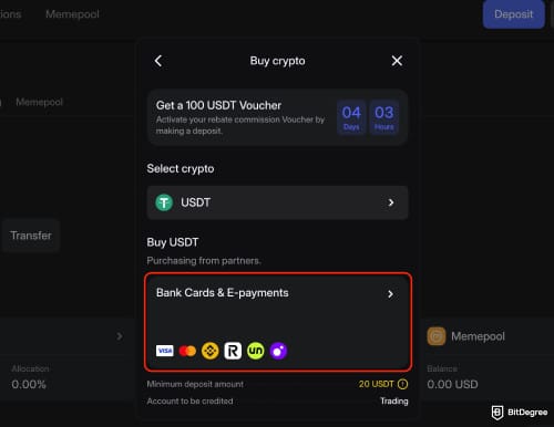 Walbi review: the [Bank Cards & E-payments] button.
