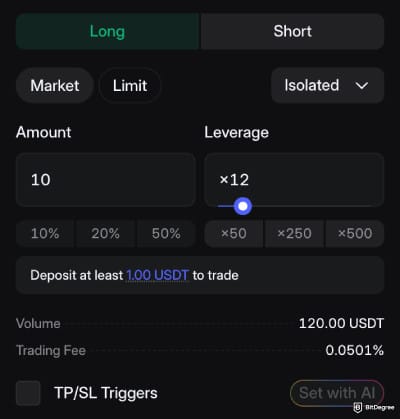 Walbi review: an example of a long BTCUSD trade.
