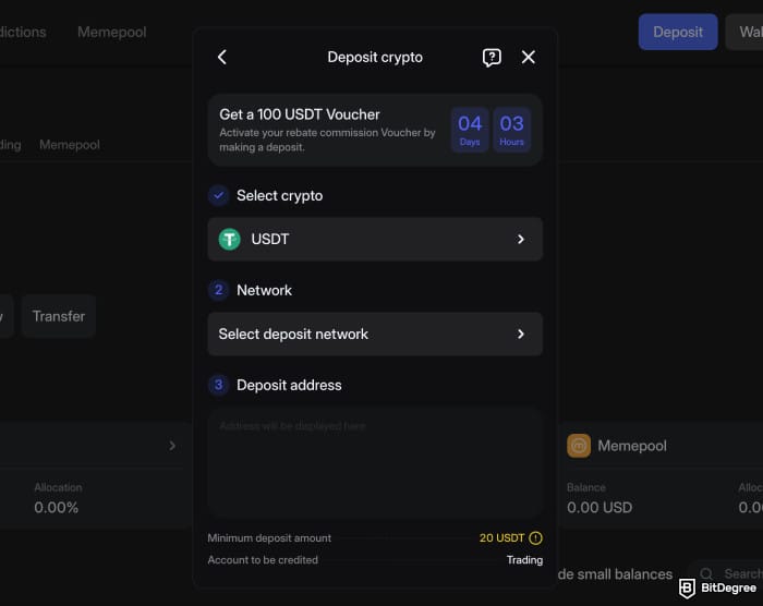 Walbi review: crypto depositing window.