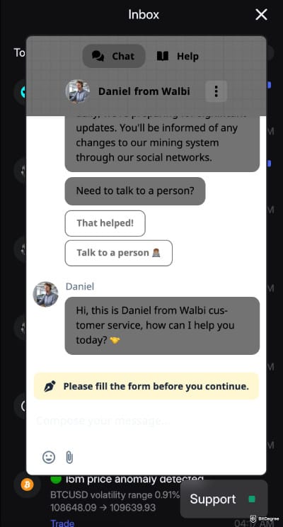 Walbi review: a chat with a customer support agent.
