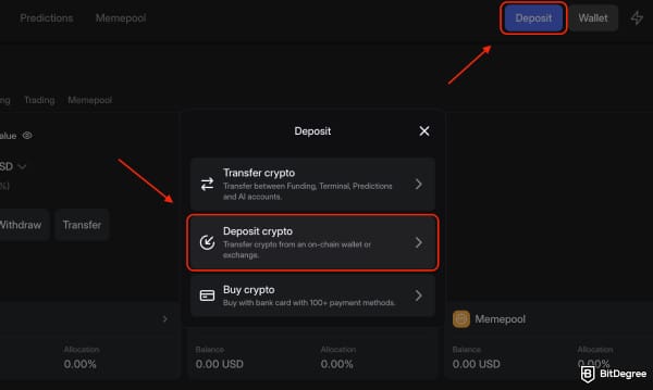 Walbi review: the [Deposit crypto] button.