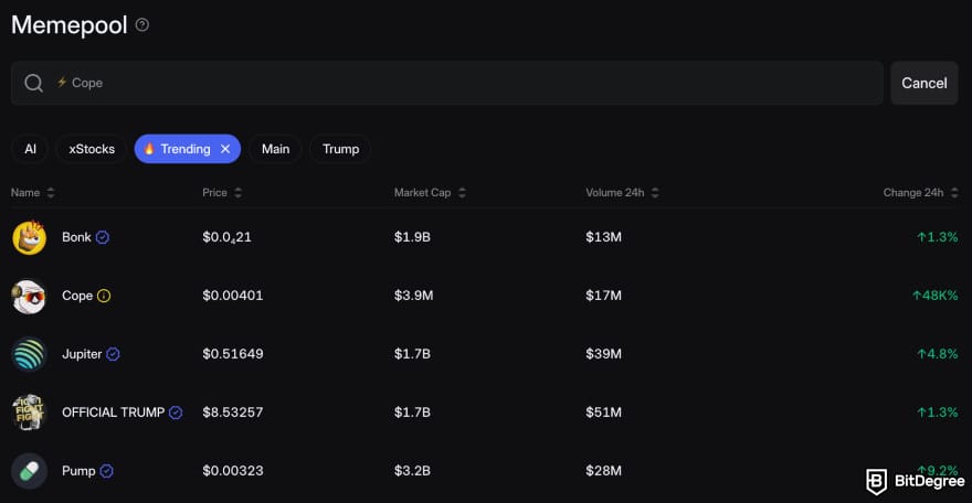 Walbi review: Trending assets on Walbi Memepool.