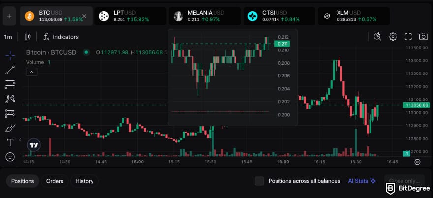 Walbi review: several tabs in the trading Terminal.