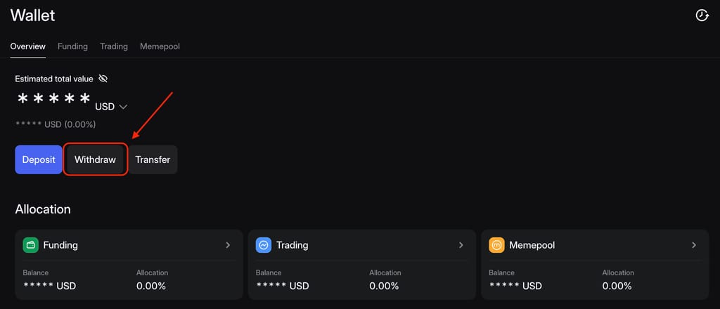 Walbi review: the [Withdraw] button in the Walbi wallet.