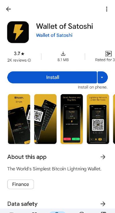 Wallet of Satoshi review: downloading the wallet app on Android.