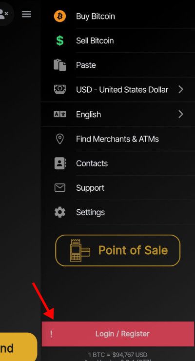 Wallet of Satoshi review: the login and register button on the app.