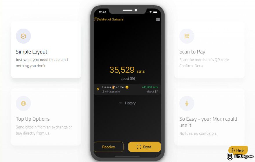 Wallet of Satoshi review: simple user interface.