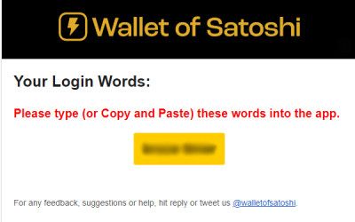 Wallet of Satoshi review: user's login words.