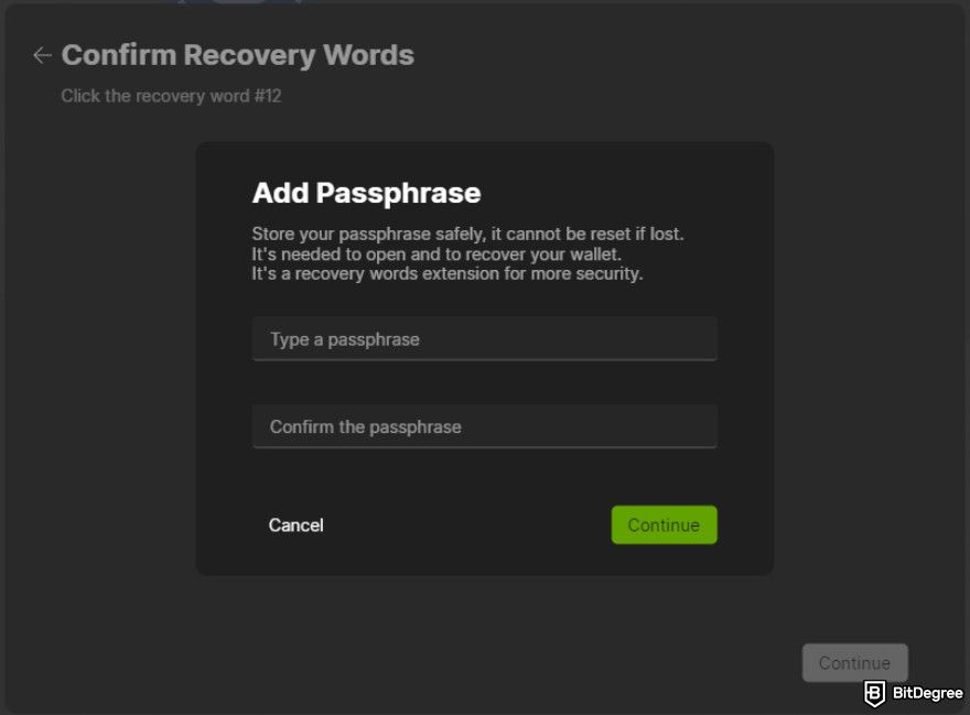 Wasabi Wallet review: add passphrase.