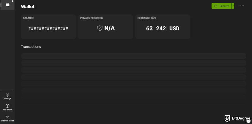 Wasabi Wallet review: dashboard.