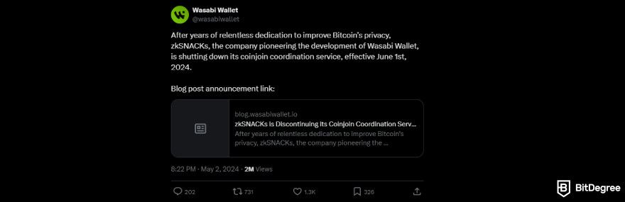 Wasabi wallet review: Twitter post.