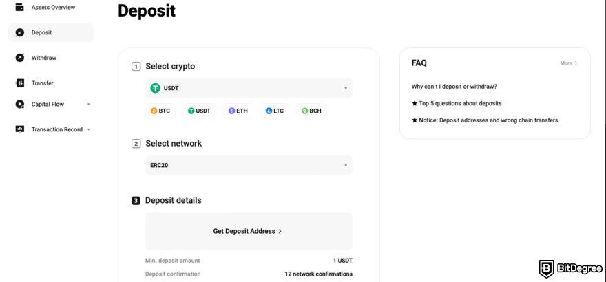 WEEX review: get a deposit address.