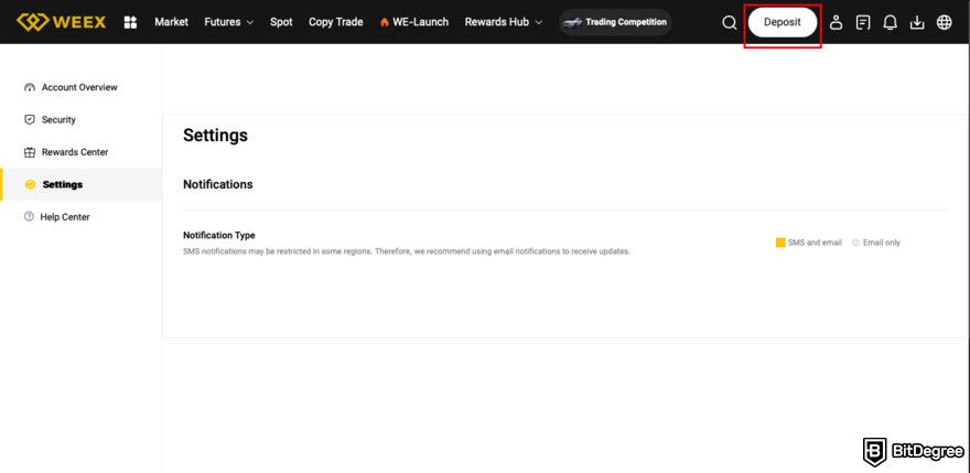 WEEX review: navigate to Deposit.