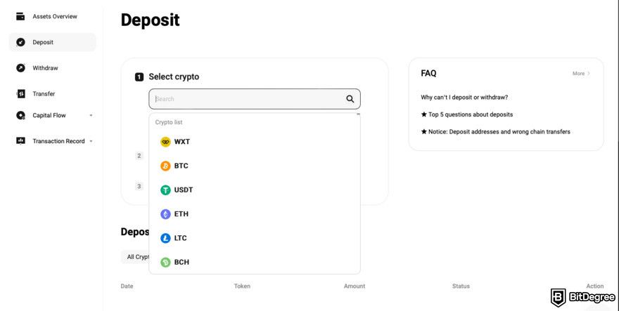 WEEX review: select the cryptocurrency.