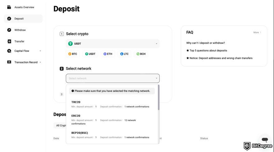 WEEX review: select the network.
