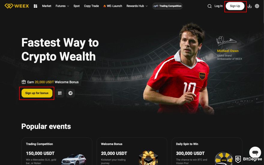 WEEX review: navigate to Sign Up.
