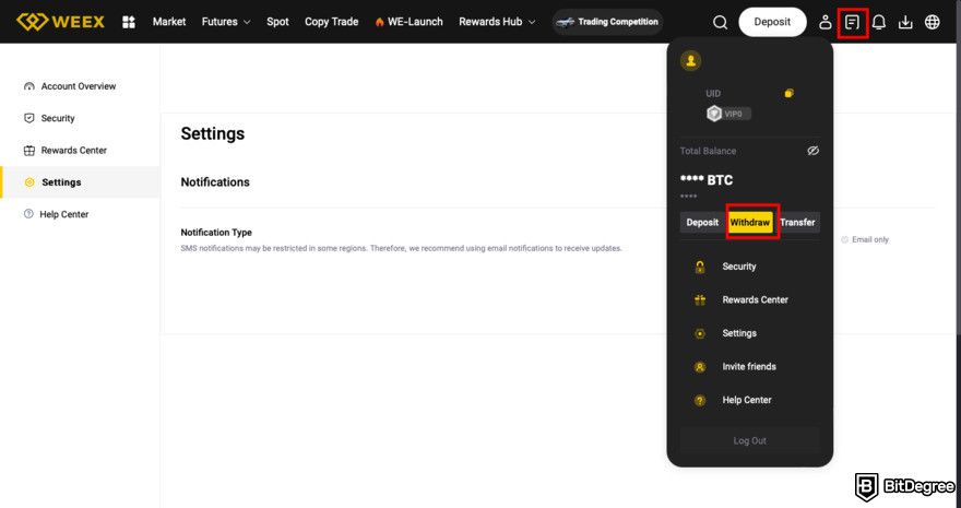 WEEX review: navigate to Withdraw.