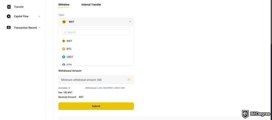 WEEX review: select the token you want to withdraw.
