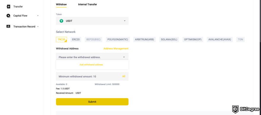 WEEX review: select the network for withdrawal.