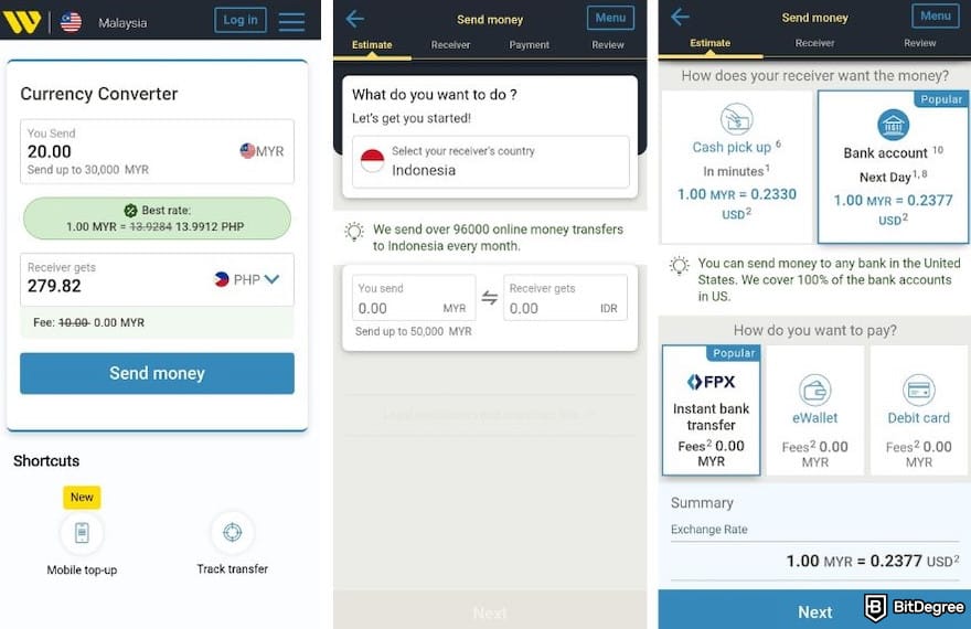 Western Union review: Western Union's Android app interfaces.