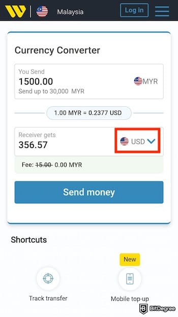 Western Union review: the USD currency button on Western Union's app highlighted.