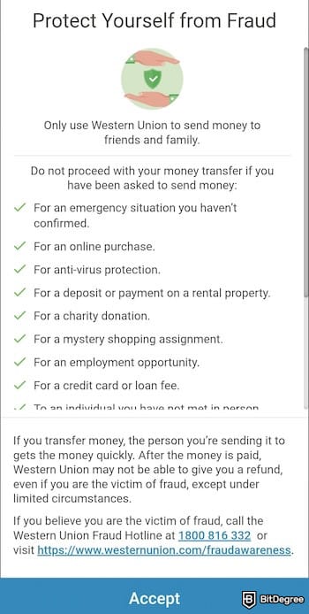 Western Union review: fraud prevention page on the Western Union app.
