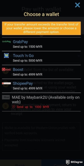 Western Union review: mobile wallet options on the Western Union Android app.