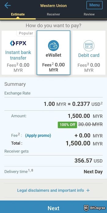 Western Union review: payment options and transaction summary on the Western Union app.