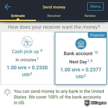 Western Union review: the payout options on the Western Union app.