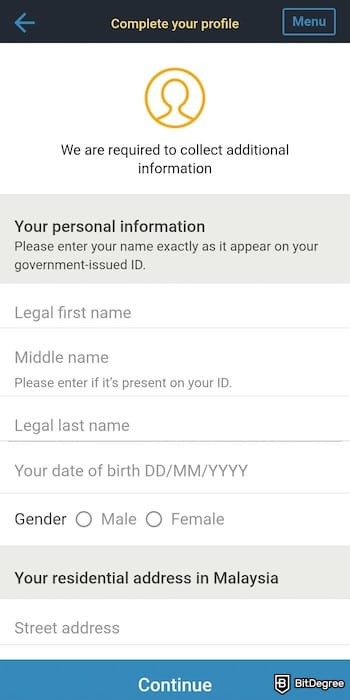 Western Union review: filling in personal information on the Western Union app.